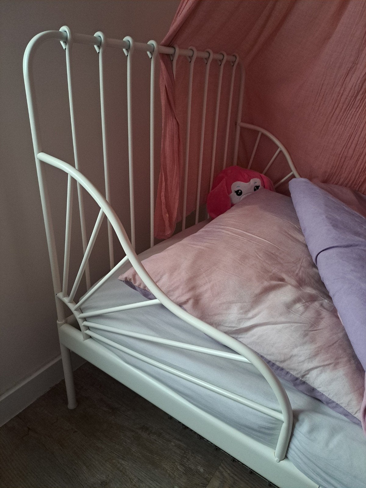 Wit metalen Ikea meegroei  kinderbed Minnen met lattenbodem, Ophalen, 85 tot 100 cm, Gebruikt, Lattenbodem