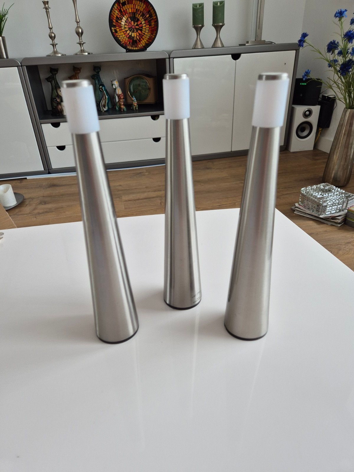 3 elektrische RVS kandelaars, Lantaarn, 26 cm, IKEA, Ophalen of Verzenden