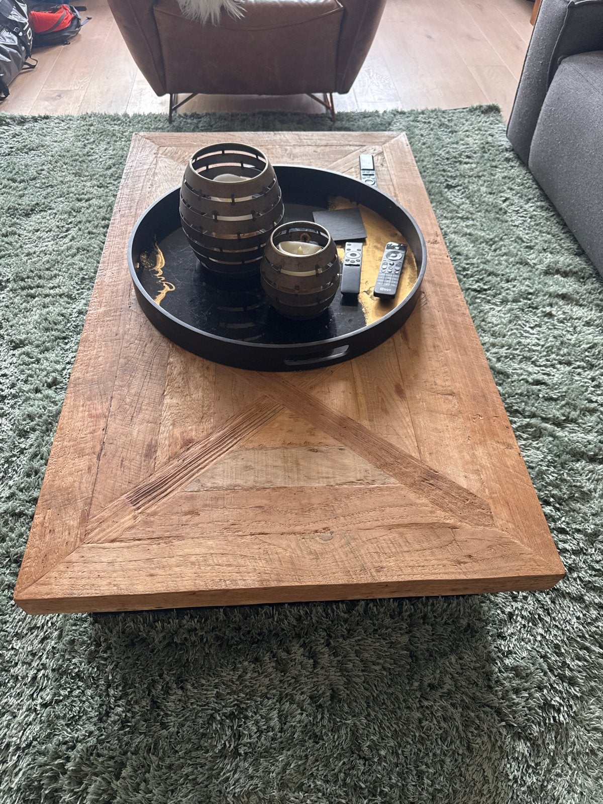 Stijlvolle Mango Houten Salontafel met Metalen Onderstel, Huis en Inrichting, Ophalen, 100 tot 150 cm, 50 tot 100 cm, Zo goed als nieuw