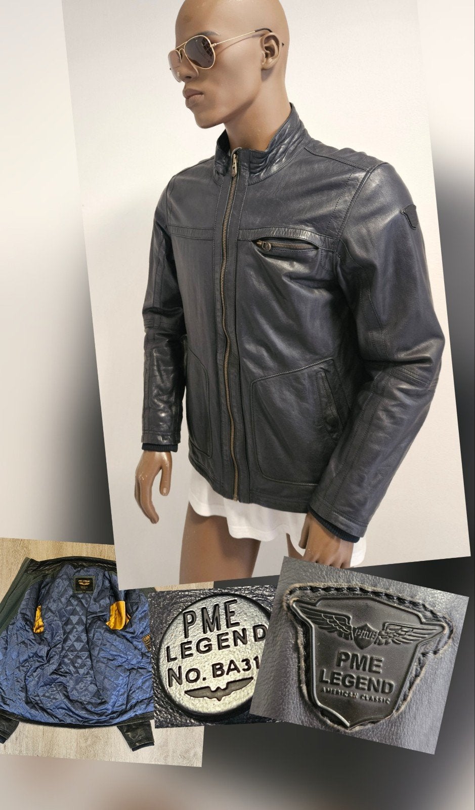 PME Legend donkerblauwe leren jas met windvangers (M) zgan, Kleding | Heren, ., Ophalen of Verzenden, Zo goed als nieuw, .