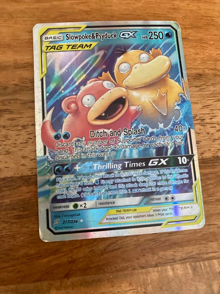 Pokémon Kaart: Slowpoke & Psyduck GX TAG TEAM, Ophalen of Verzenden, Zo goed als nieuw, Losse kaart