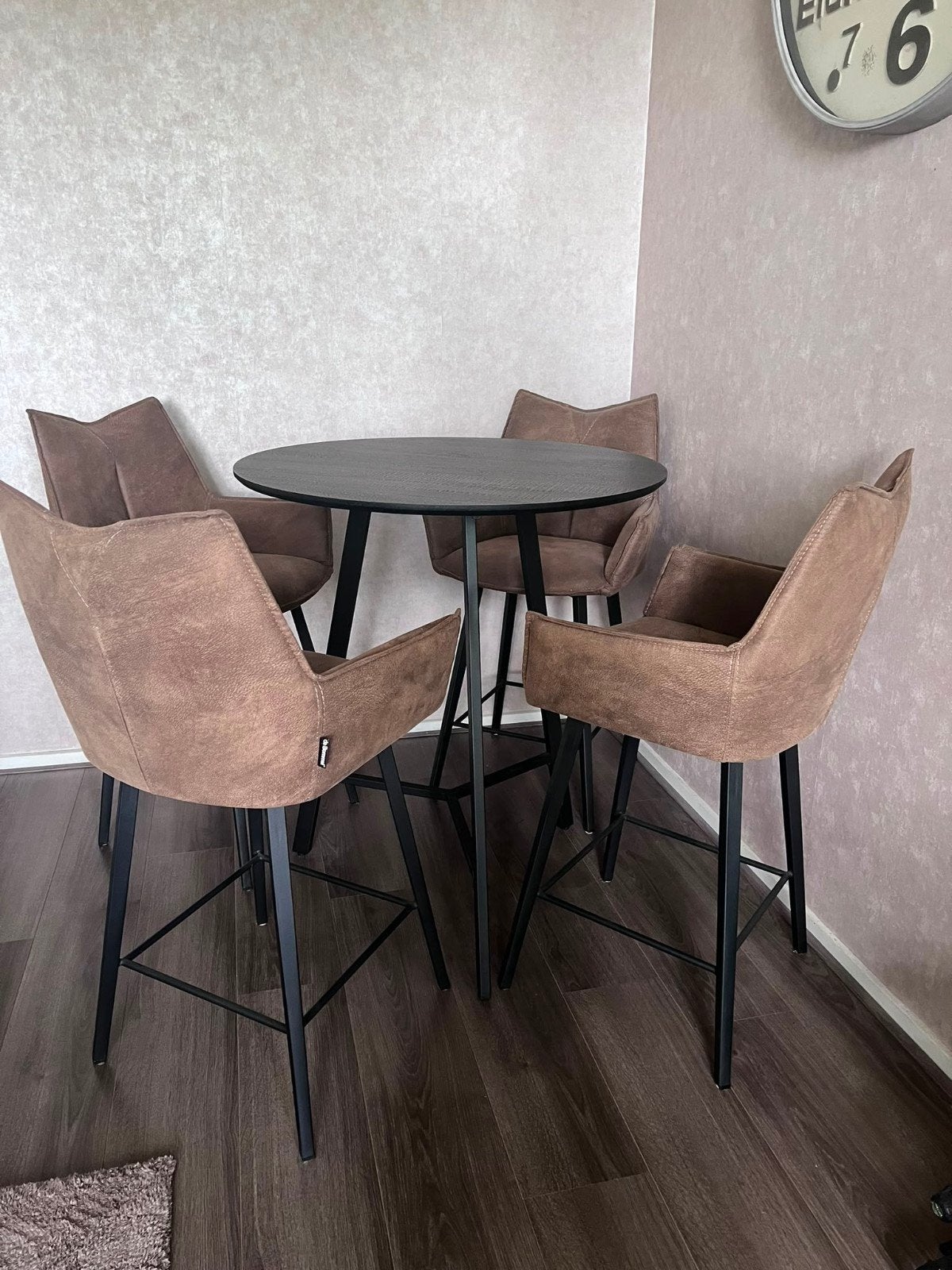 Ronde eettafel met 4 barkrukken, Huis en Inrichting, Tafels | Eettafels, Ophalen, Gebruikt, 50 tot 100 cm, Overige materialen