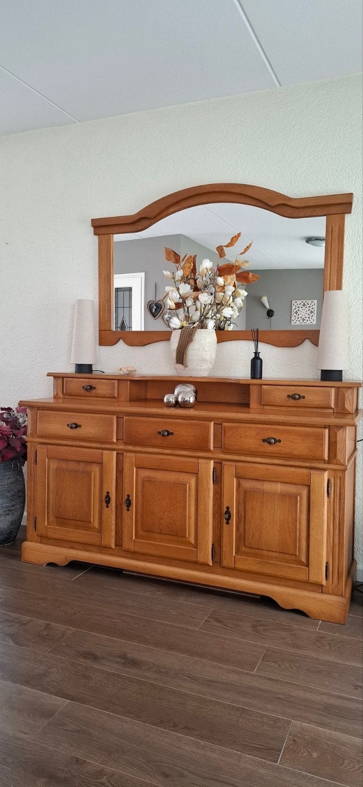 Prachtige licht eiken dressoir met spiegel., Huis en Inrichting, Ophalen, Met deur(en), 150 tot 200 cm, Eikenhout