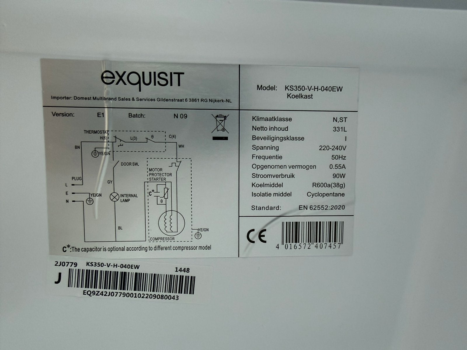 Exquisit Koelkast KS350-V-H-040EW - 331L inhoud, Ophalen, Zonder vriesvak, 200 liter of meer, 60 cm of meer