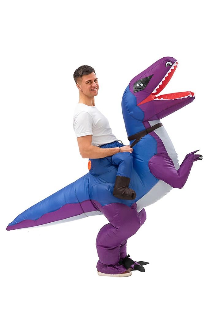 Velociraptor Paars Opblaaspak Volwassenen Dinopak Dinosaurus, Kleding | Heren, Maat 52/54 (L), Carnaval, Ophalen of Verzenden