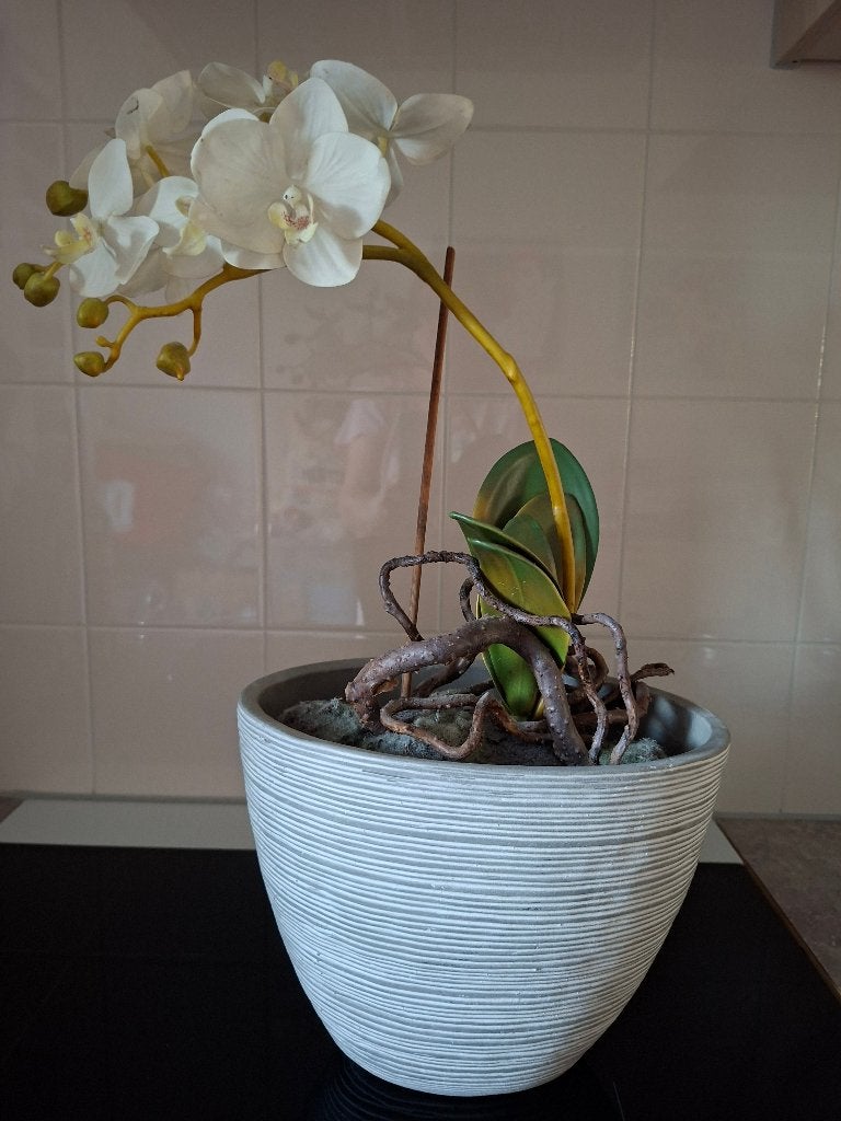 Mooie kunst Orchidee in mooi betonlook bloempot, Binnen, Kunstplant, Ophalen of Verzenden, Kunststof