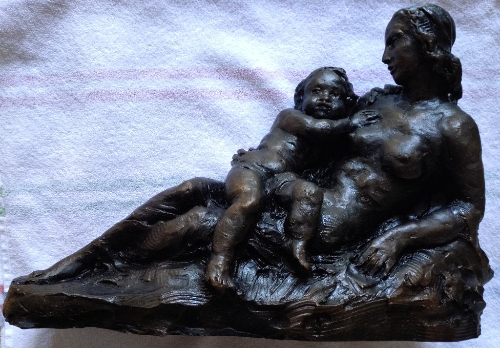 Pierre de Leonardi==naakt met baby==ca 1880==BRONS==8.4kg, Antiek en Kunst, Antiek | Koper en Brons, Ophalen, Brons