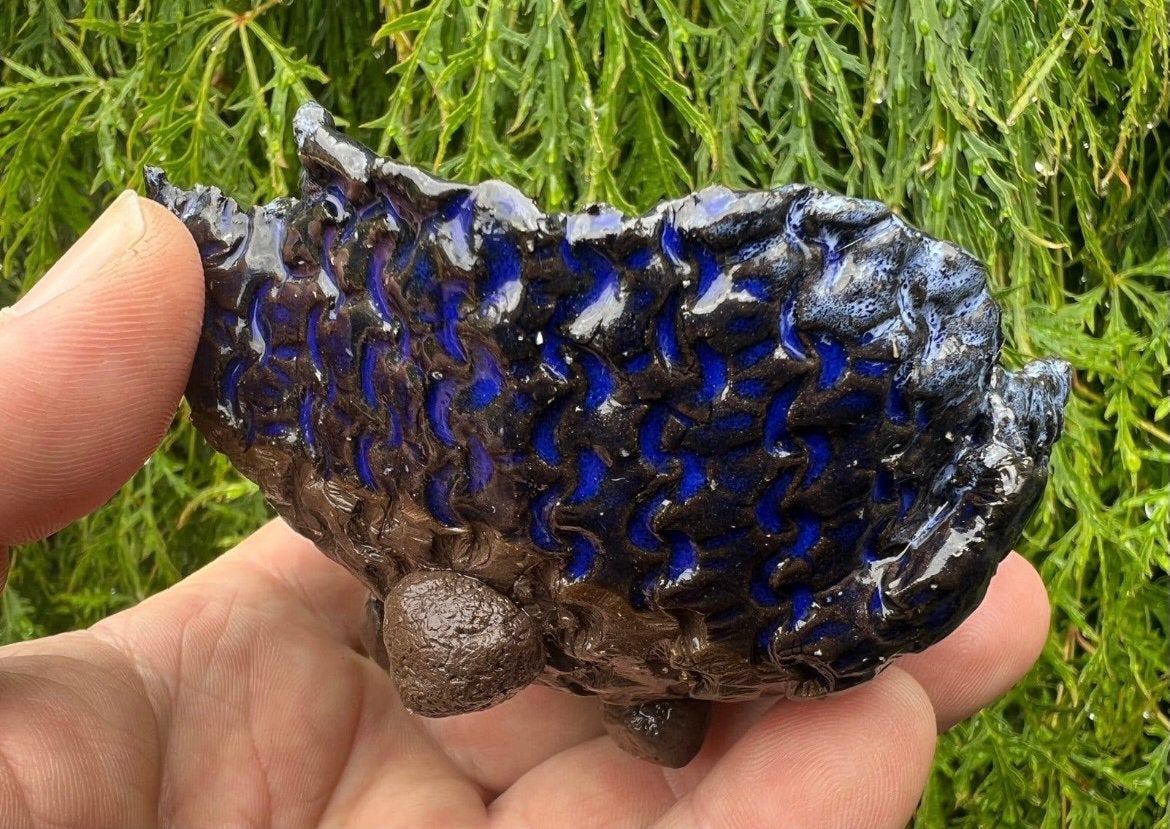 Bonsai schaal handgemaakt paars/ blauw geglazuurd 11,3x9,1x6, Ophalen of Verzenden, Zo goed als nieuw, Overige vormen, Aardewerk