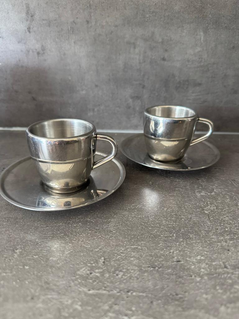 RVS vintage Chrome Espresso Kop en Schotel Set, Huis en Inrichting, Overige materialen, Gebruikt, Ophalen of Verzenden, Effen
