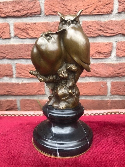 bronzen beeld, twee uilen op een tak, Ophalen of Verzenden, Brons, Beeld, Vogel