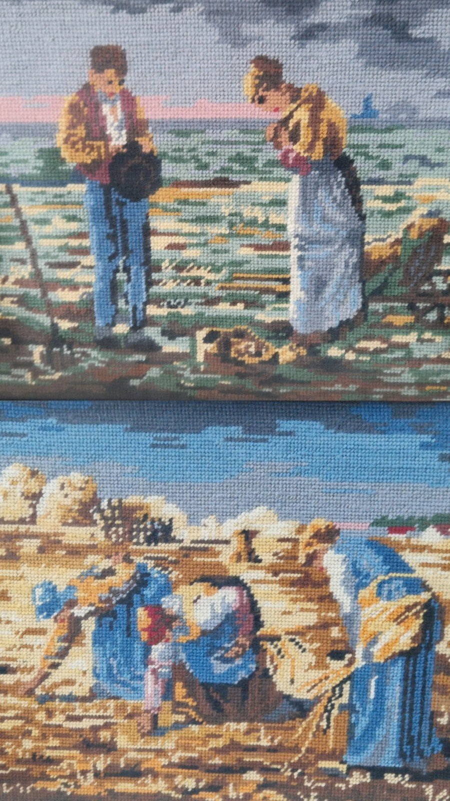 2 Vintage borduurwerken "Het Angelus" en "De Arenleesters", Ophalen