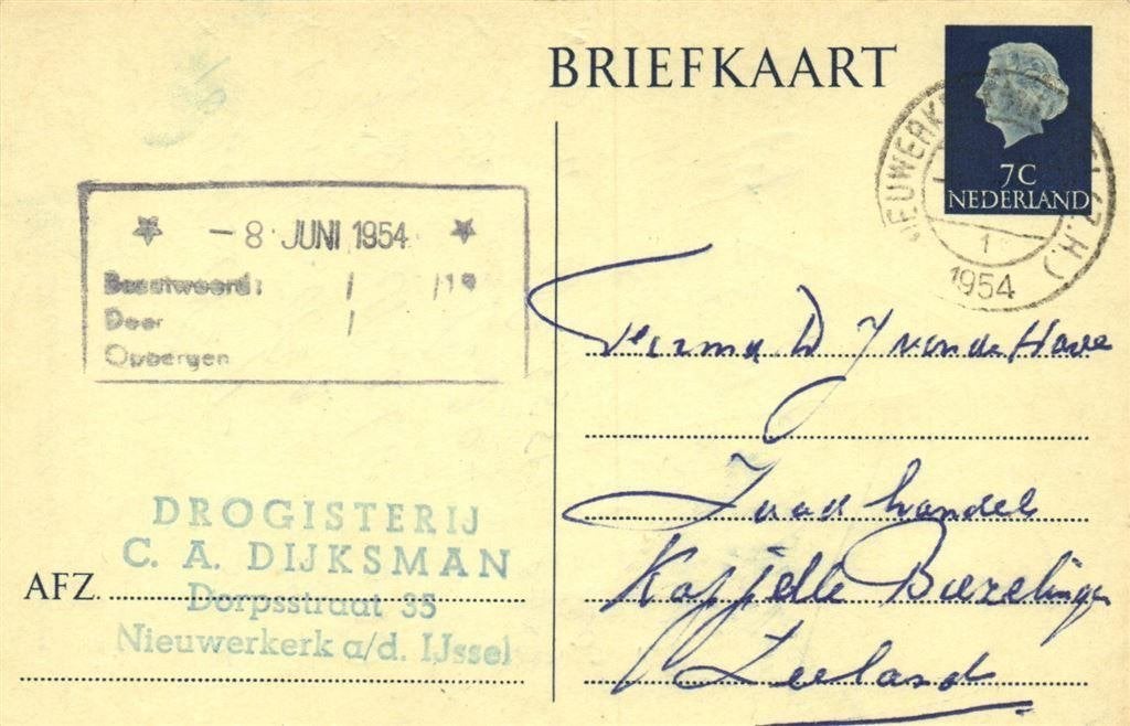C.A. Dijksman, Nieuwerkerk a/d IJssel - 06.1954 - briefkaart, Ophalen of Verzenden, Briefkaart