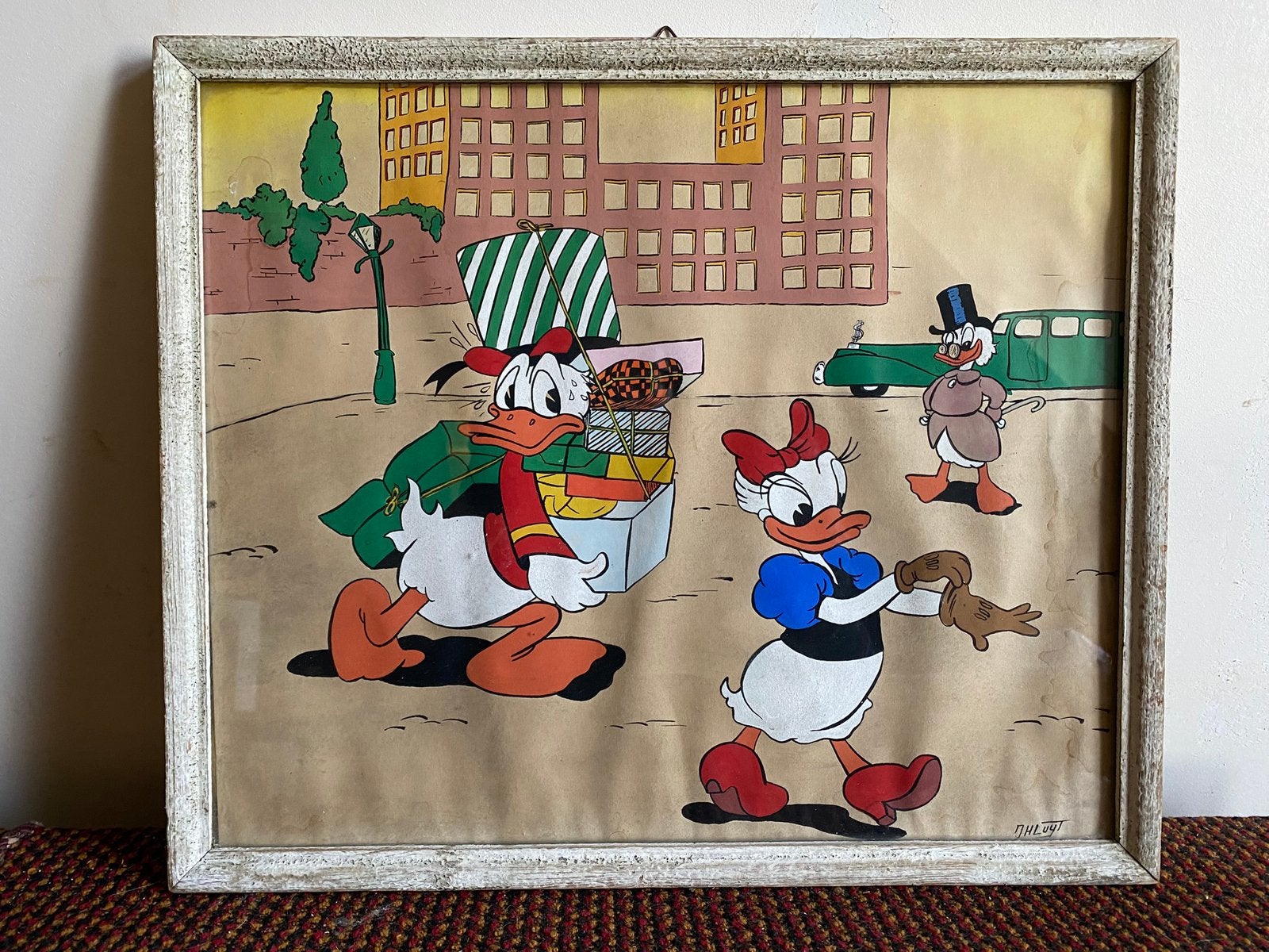 Schilderij van Donald Duck, ingelijst achter glas, Verzamelen, Disney, Ophalen of Verzenden, Zo goed als nieuw