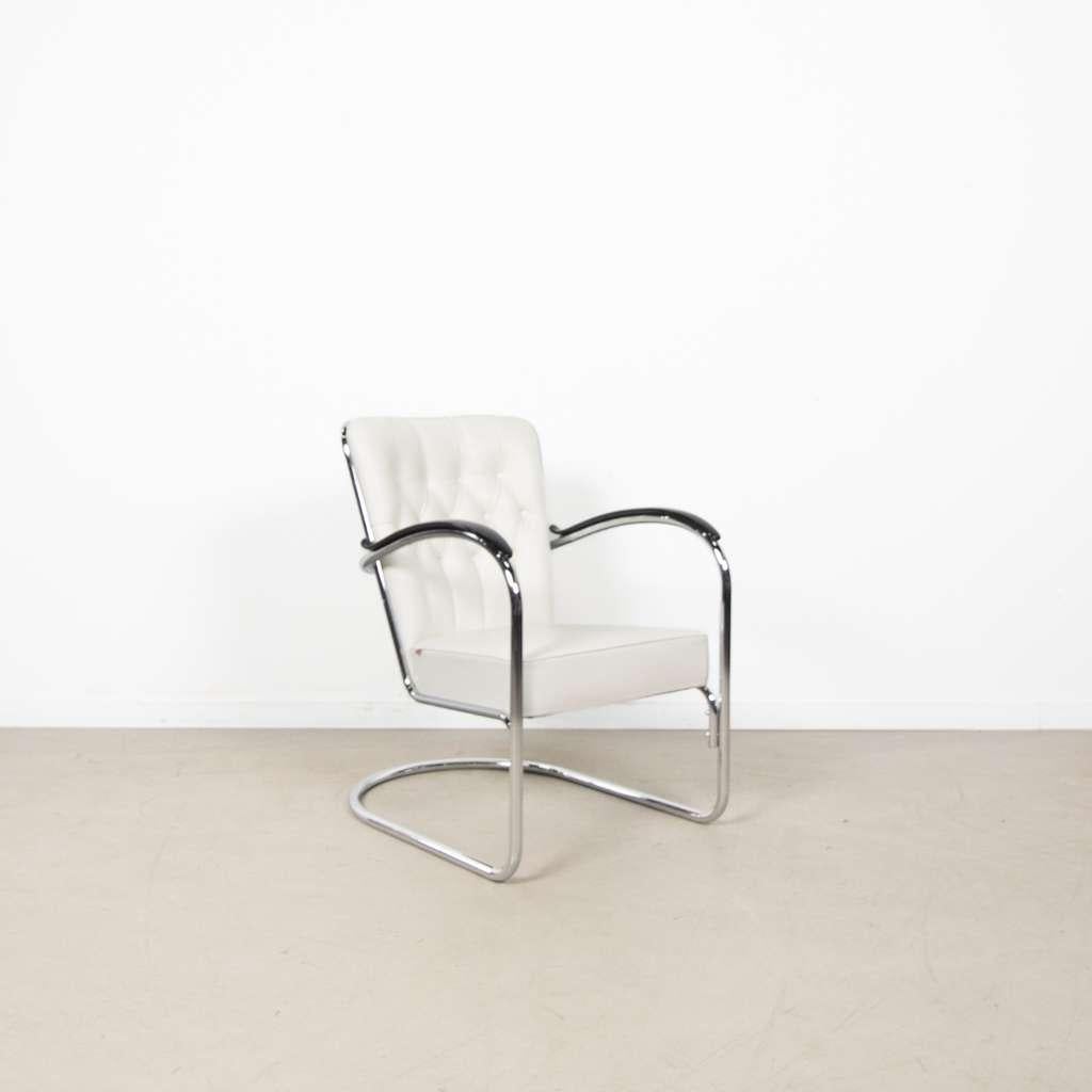 1x Gispen 412S Fauteuil Wit Leer, Huis en Inrichting, Fauteuils, Zo goed als nieuw, Leer, Metaal, 50 tot 75 cm, 75 tot 100 cm