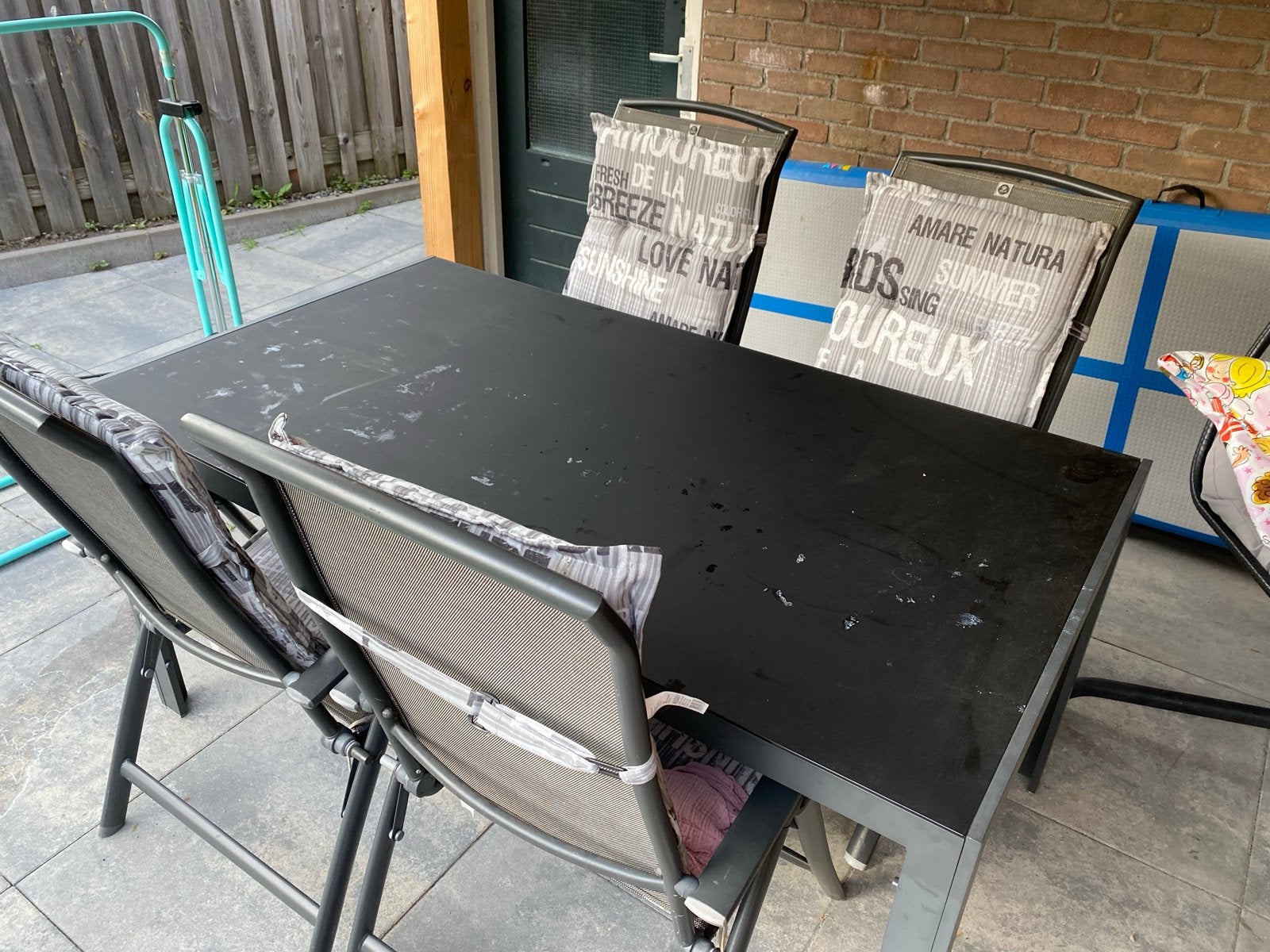 Tuinset met stoelen en kussens - Aluminium, Tuin en Terras, Tuinsets en Loungesets, Ophalen, 4 zitplaatsen, Gebruikt, Eettafel