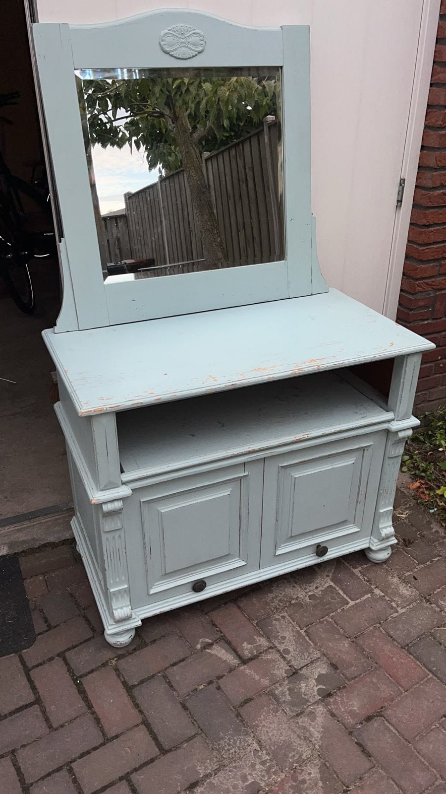 Vintage kaptafel/secretaire met spiegel - licht blauw/groen, Ophalen