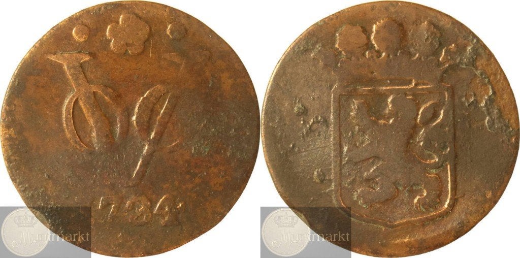 V.O.C. - Holland - Duit 1734 over 1726 jaartalwijziging, Ophalen of Verzenden, Vóór koninkrijk, Overige waardes, Losse munt