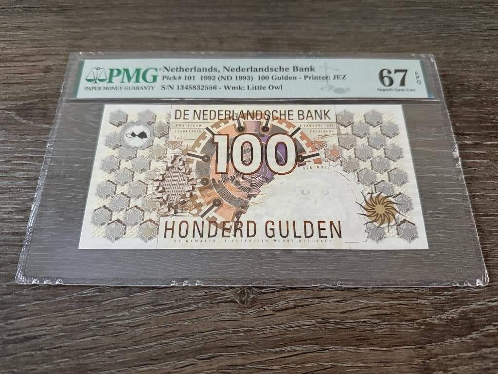 UNC biljet 100 gulden Steenuil, 1992 | PMG 67 EPQ, Ophalen of Verzenden, 100 gulden