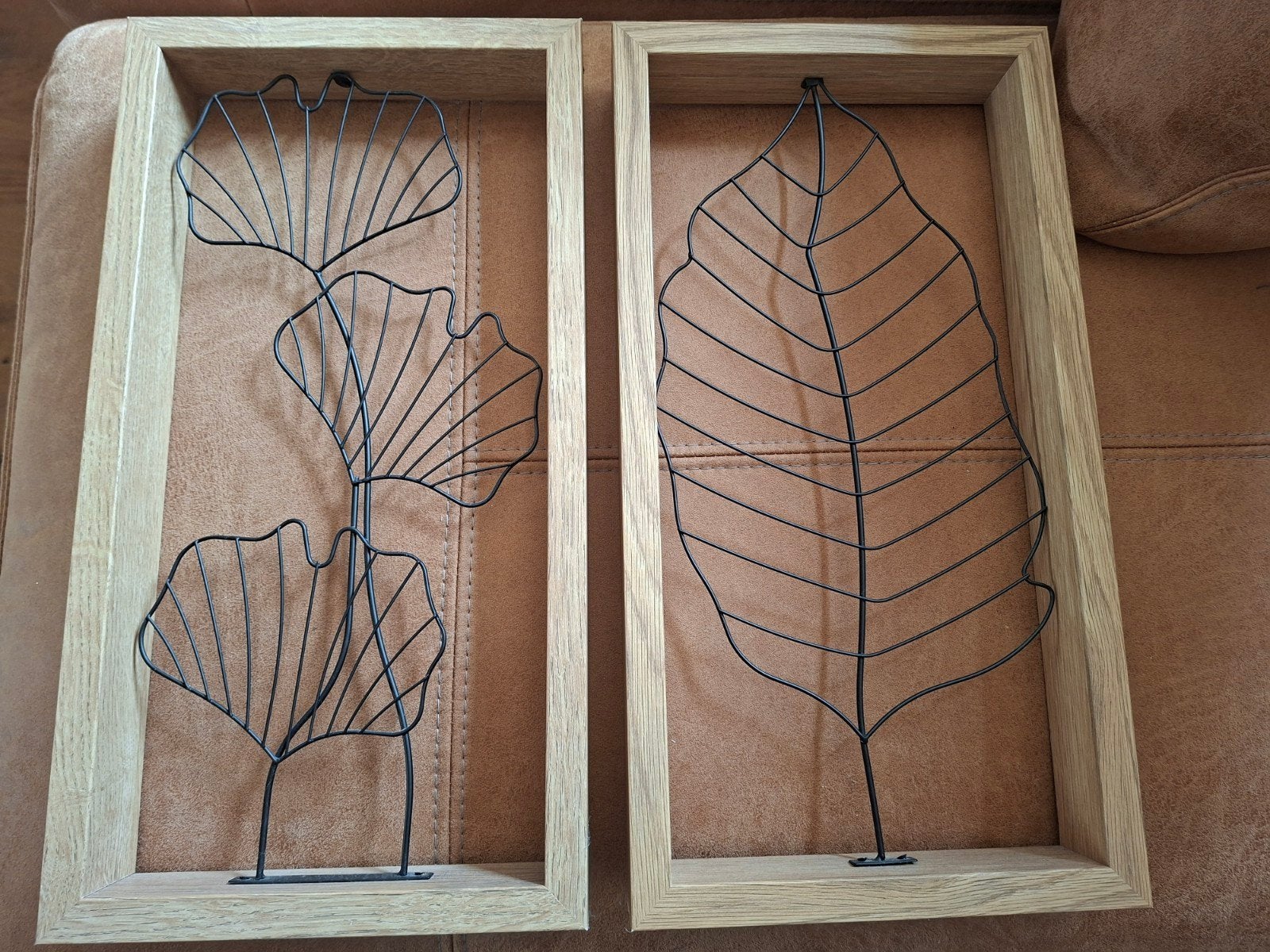 Set van 2 wanddecoraties met metalen bladeren in lijst, Ophalen, Wandsculptuur, Industrieel, Hout