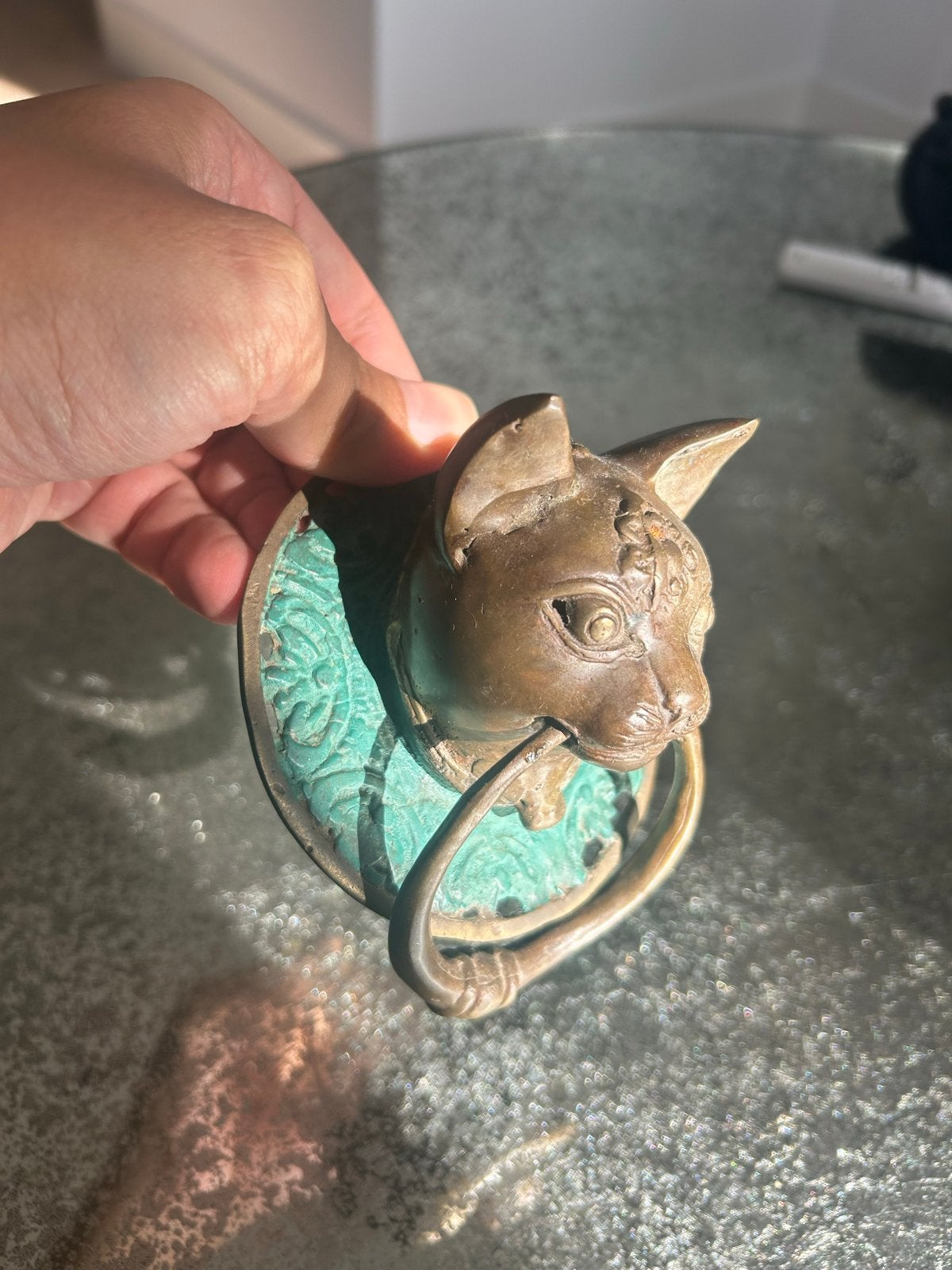 Vintage Kat Deurklopper - Brons met Groene Patina, Ophalen of Verzenden