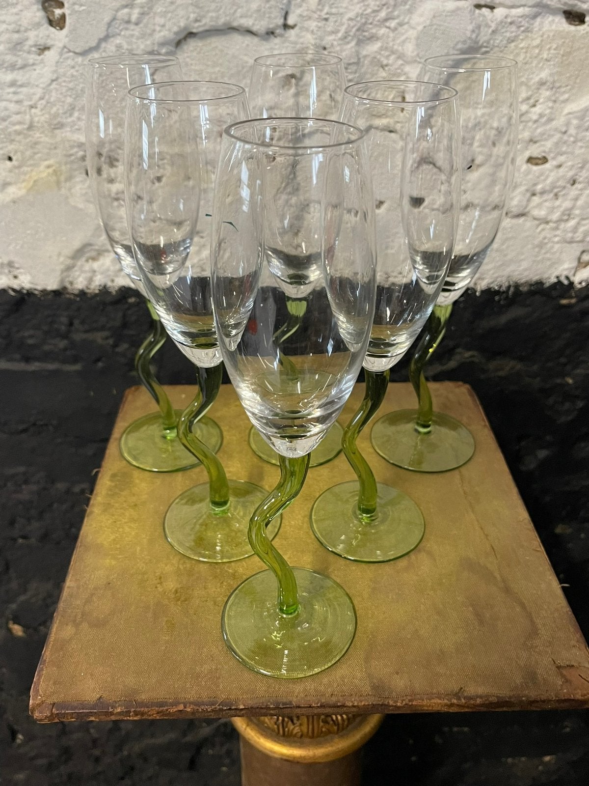 Set 6 vintage Luminarc champagneglazen groene voet zigzag, Verzamelen, Ophalen of Verzenden, Zo goed als nieuw, Overige typen