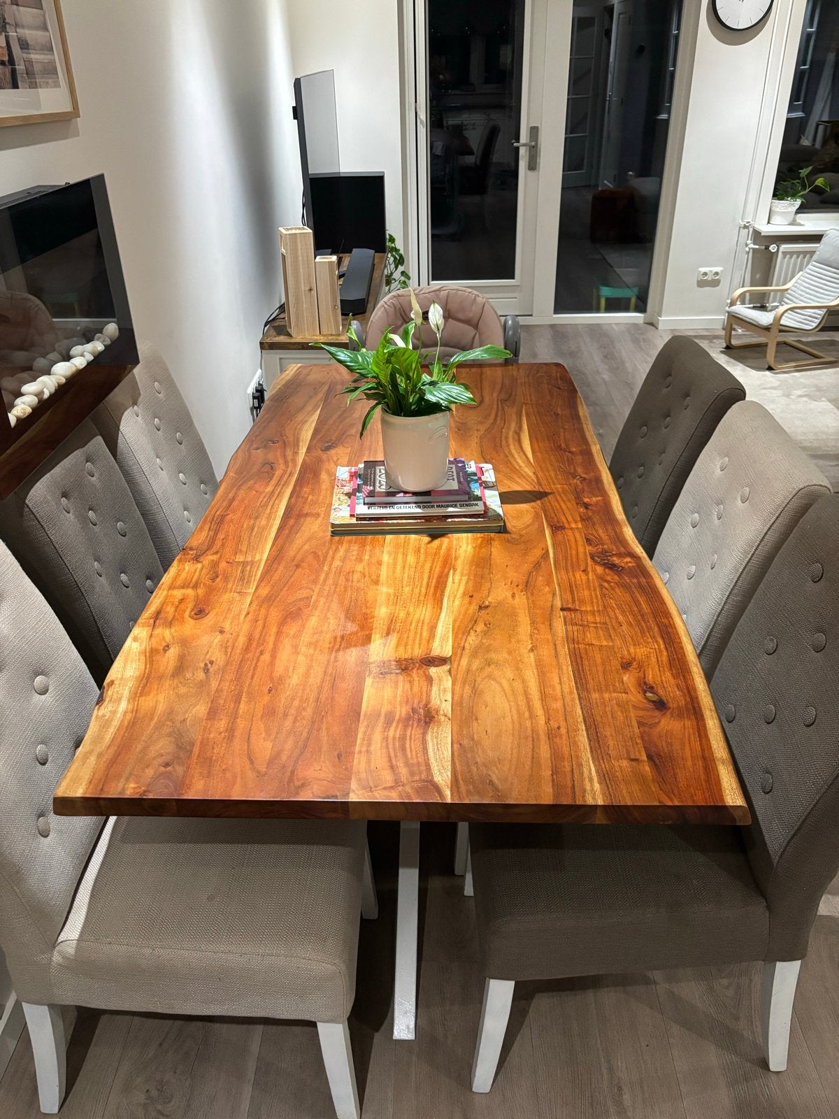 Massief houten eettafel met 6 stoelen, Ophalen, Gebruikt, 50 tot 100 cm, 150 tot 200 cm