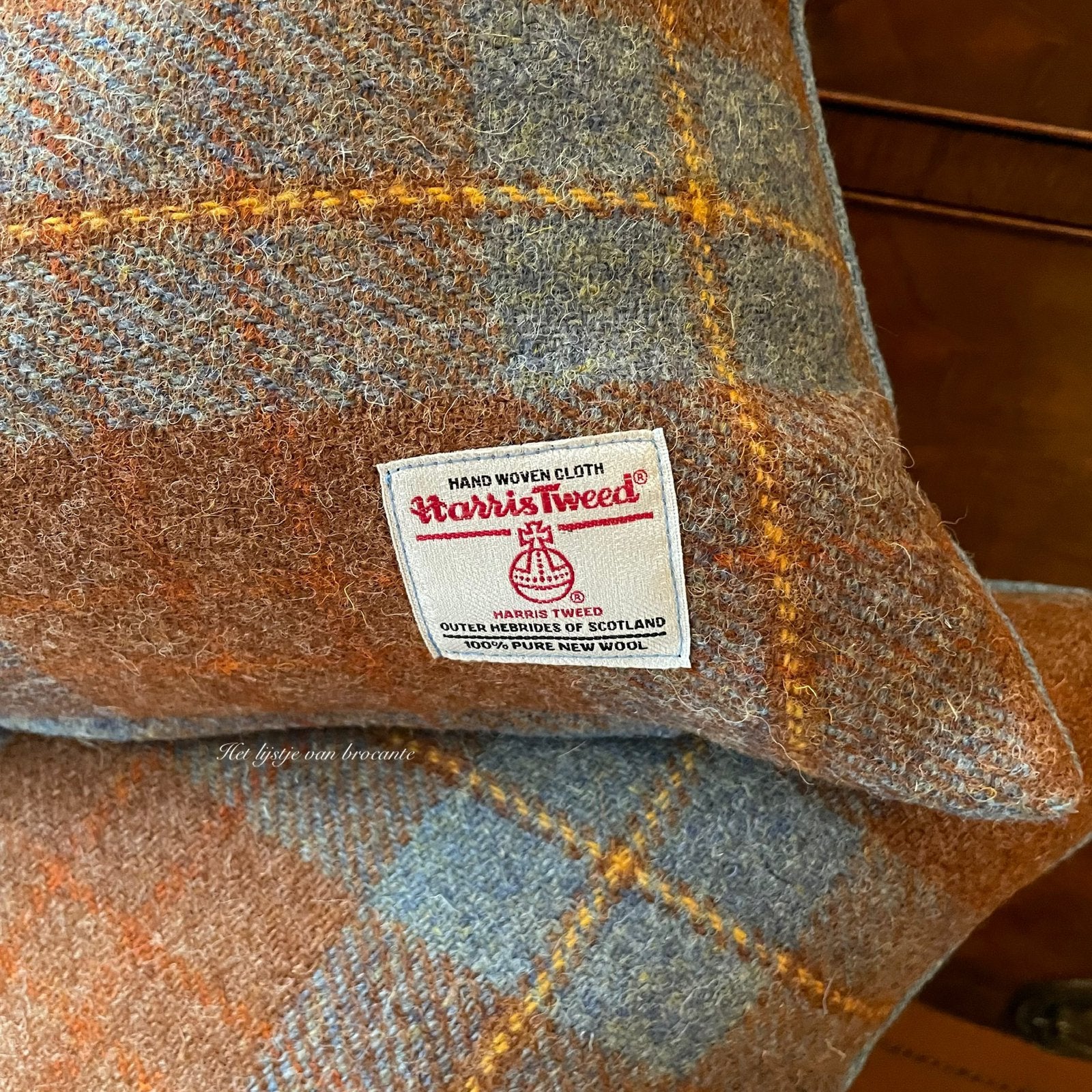 Handgemaakte kussen set Harris Tweed Toffee/Blue Check, Westdijk 41 3241 GT Middelharnis, Blauw, Info@lijstjevanbrocante.nl, Ophalen of Verzenden