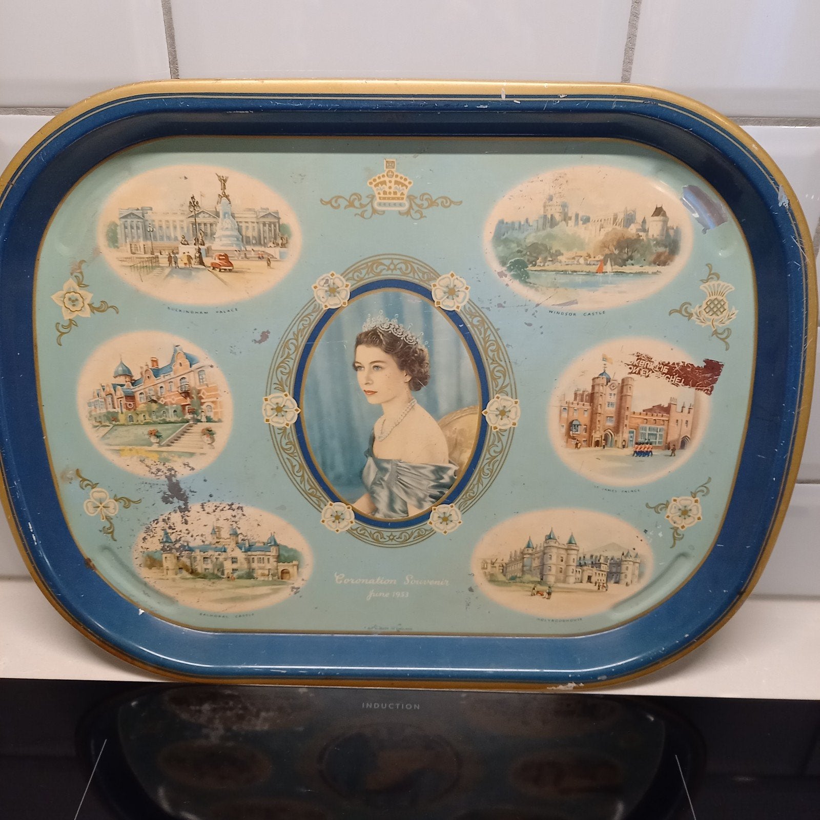 Vintage Blikken Dienblad Kroning Queen Elizabeth II (1953), Ophalen of Verzenden, Gebruikt