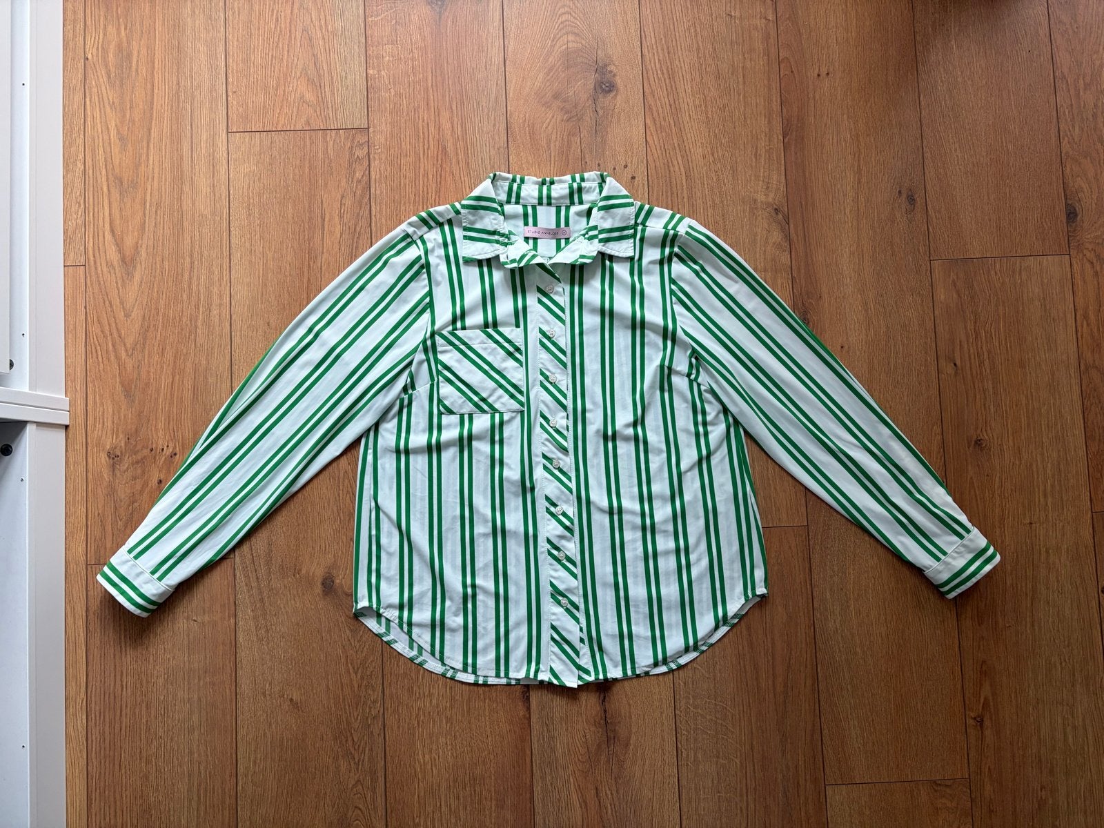 Studio Anneloes travelstof blouse groen/wit gestreept mt M, Kleding | Dames, Studio Anneloes, Ophalen of Verzenden, Maat 38/40 (M)