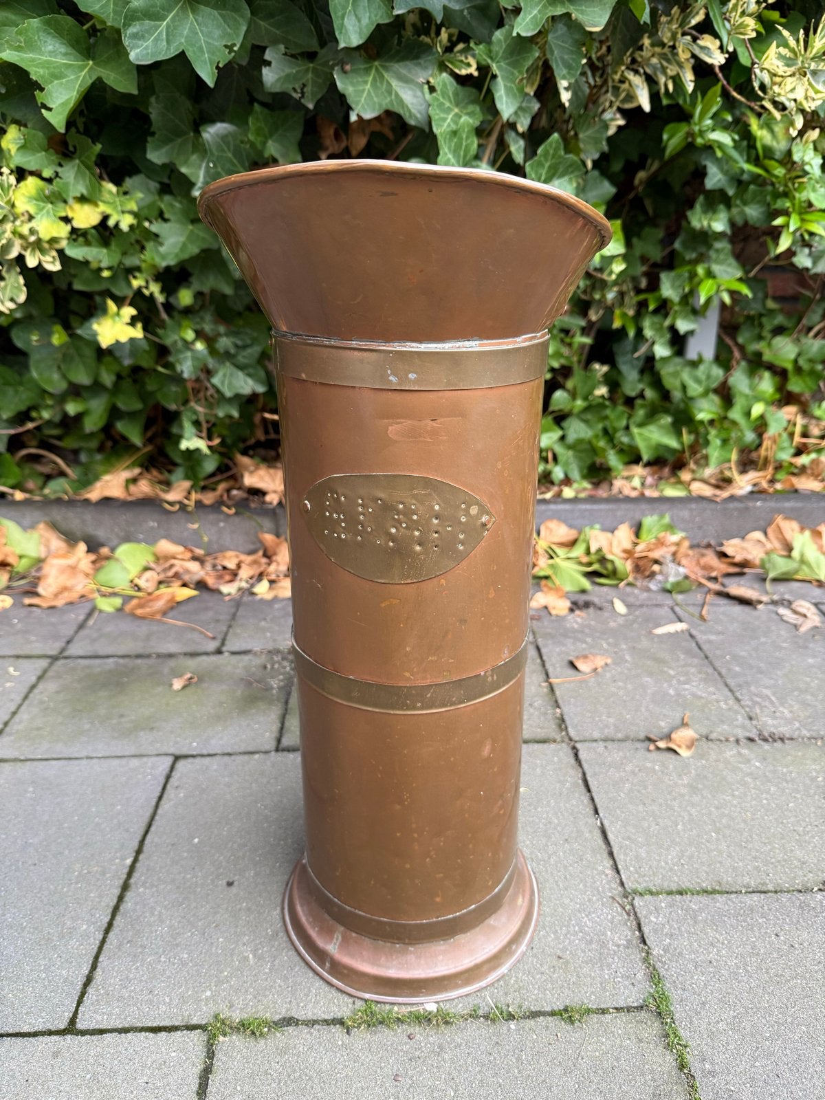 Antieke Koperen Paraplubak met Porseleinen Handvat, Ophalen of Verzenden, Koper