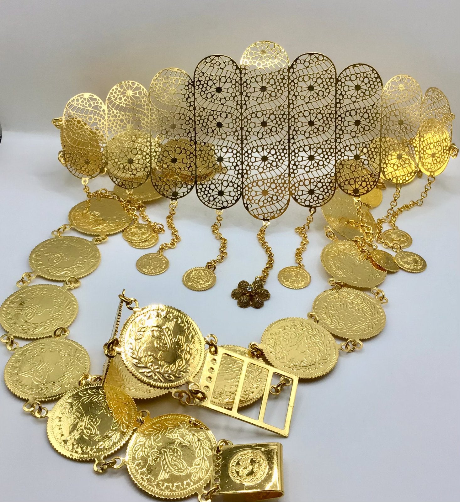 Vintage Marokkaanse riem met munten filigrein verguld groot, Sieraden, Tassen en Uiterlijk, Verzenden, Overige materialen, Overige typen