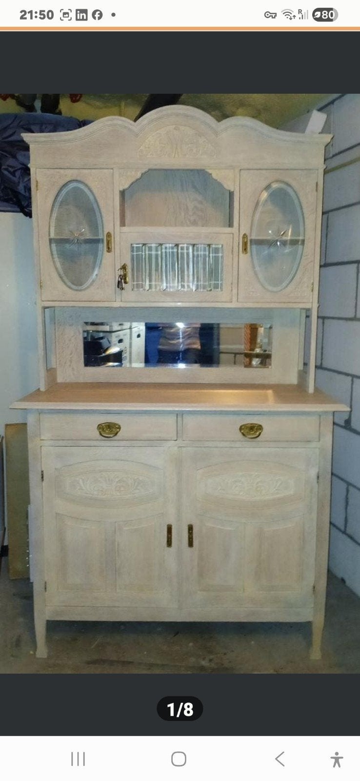 Antieke Vitrinekast Eikenhout Whitewash Facetglas 1946, Ophalen
