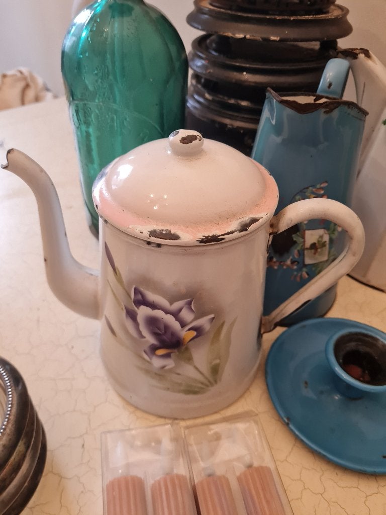 Zeer oude emaille pot met roze rand foto 1 t/m 3, Ophalen of Verzenden