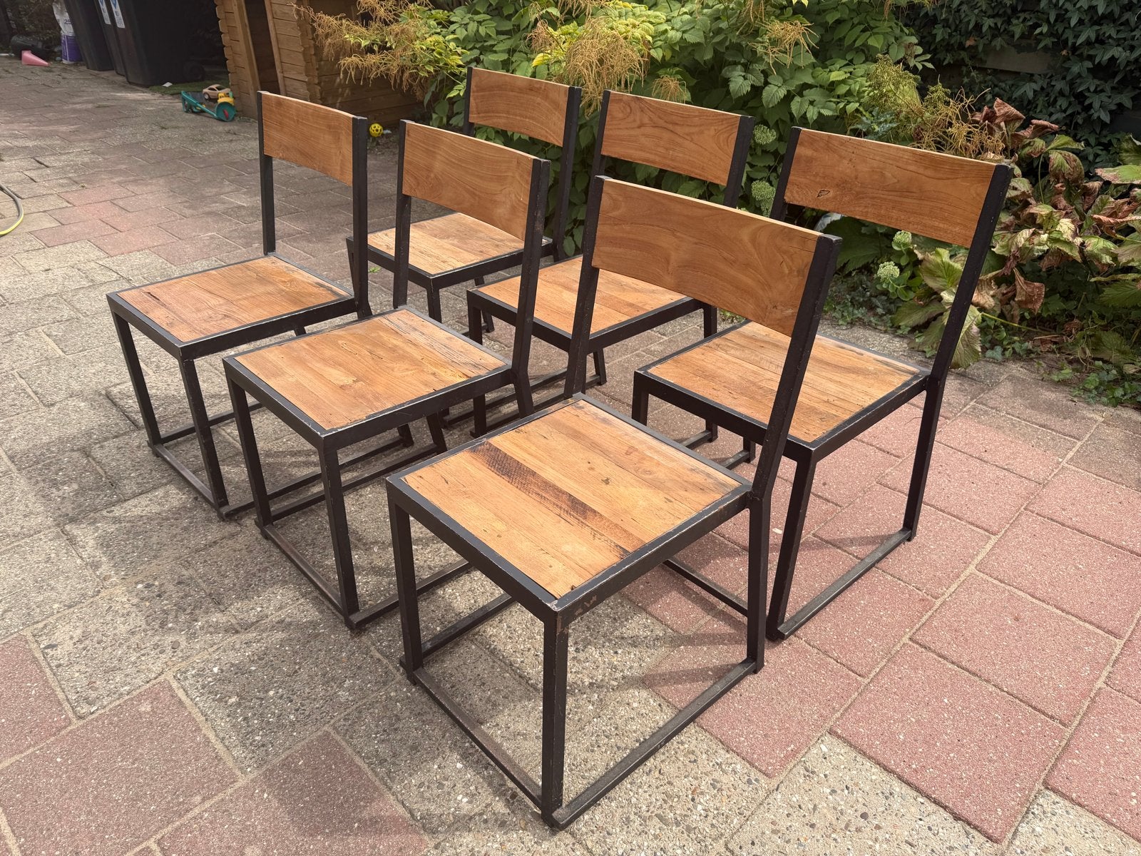 6 IbizaOutdoor stoelen, stalen frame, teakhout, stapelbaar, Huis en Inrichting, Stoelen, Ophalen, Gebruikt, Zwart, Vijf, Zes of meer stoelen