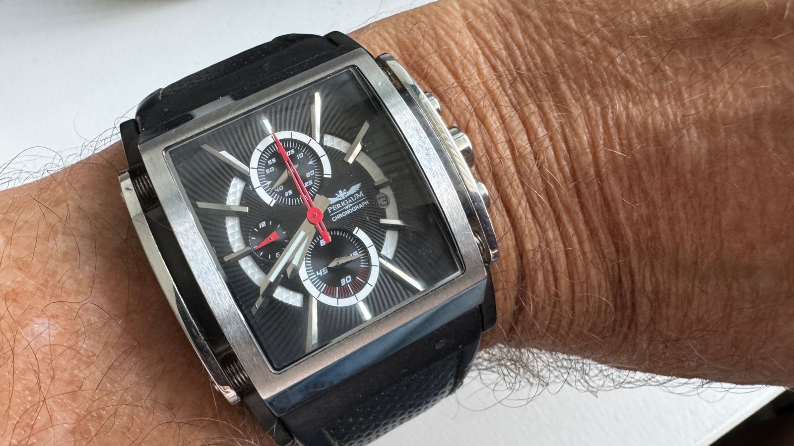 Perigaum 1972 heren horloge met vlindersluiting, Overige merken, Leer, Staal, Polshorloge
