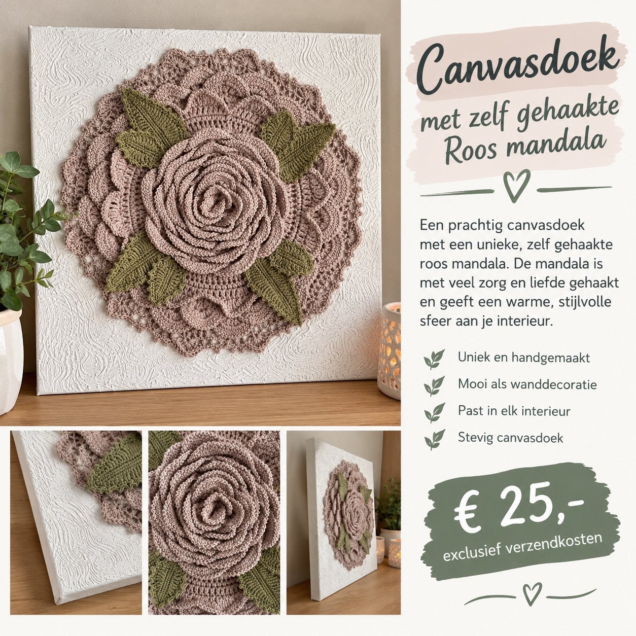 Canvasdoek met zelf gehaakte Roos mandala, Schilderij, Boho, Meerkleurig, Textiel