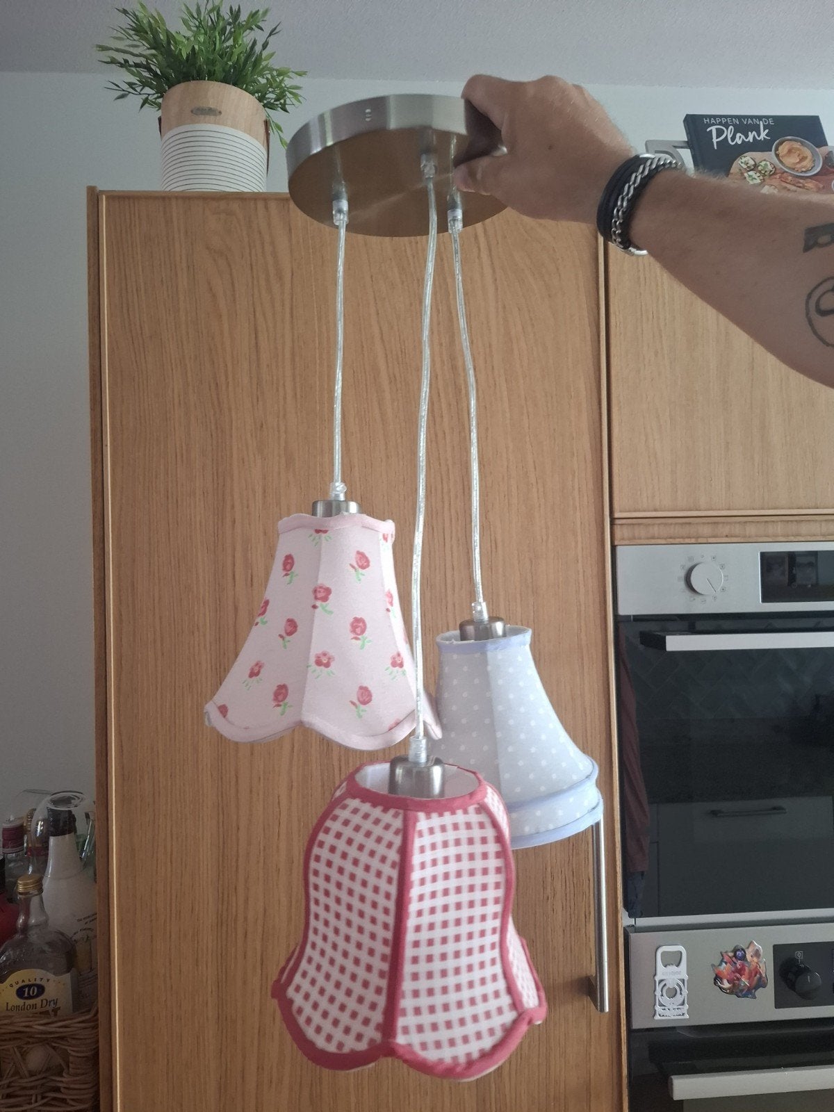 Hanglamp LIEF met 3 stoffen kapjes, Gebruikt, E14 (klein), Ophalen of Verzenden, Textiel