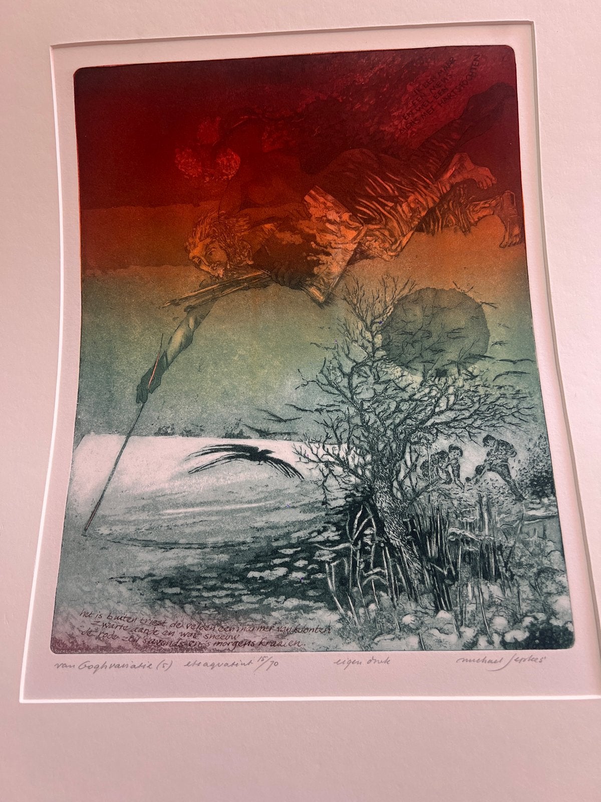 Ets Michael Jenkes - Van Goghvariatie (5) Etsaquatint, Ophalen, Landschap, 1950 - 1999, Genummerd