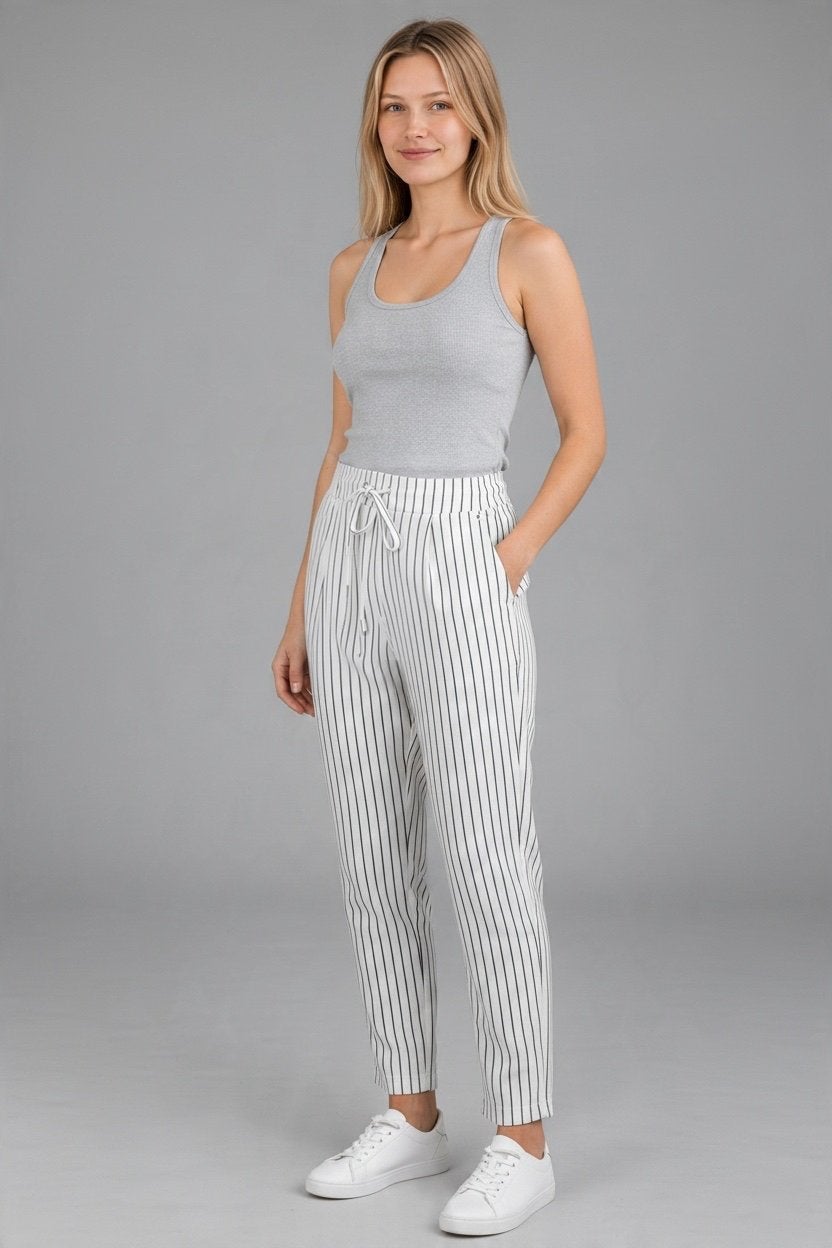 ONLY gestreepte broek wit met zwart, maat L/34, Verzenden, Wit, Maat 42/44 (L), Zo goed als nieuw