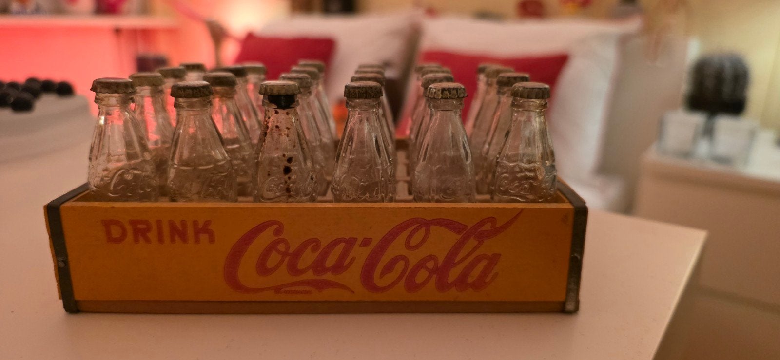 Vintage, miniatuur Coca-Cola kratje met glazen flesjes, Ophalen of Verzenden, Gebruikt, Overige typen