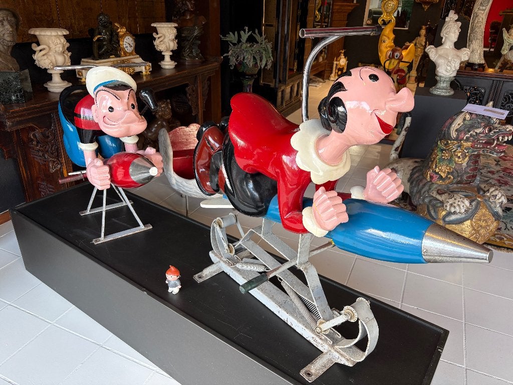 Vintage kermisattractie-figuren –Popeye & Olive Oyl op raket, Ophalen, Overige onderwerpen, Houtsnijwerk, Handgemaakt