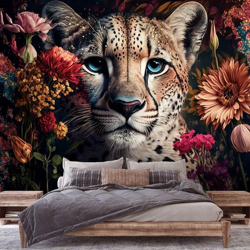 Fotobehang / Behang - Luipaard - Panter en Bloemen, Stuifzand, Verzenden, Fotobehangkonnig.nl, Geel
