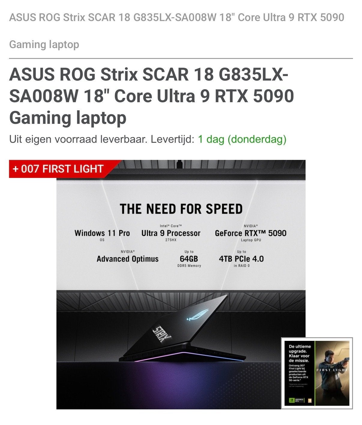 ASUS ROG Strix SCAR 18 G835LX-SA008W Gaming Laptop, 64 GB of meer, Met videokaart, Qwerty, Nieuw