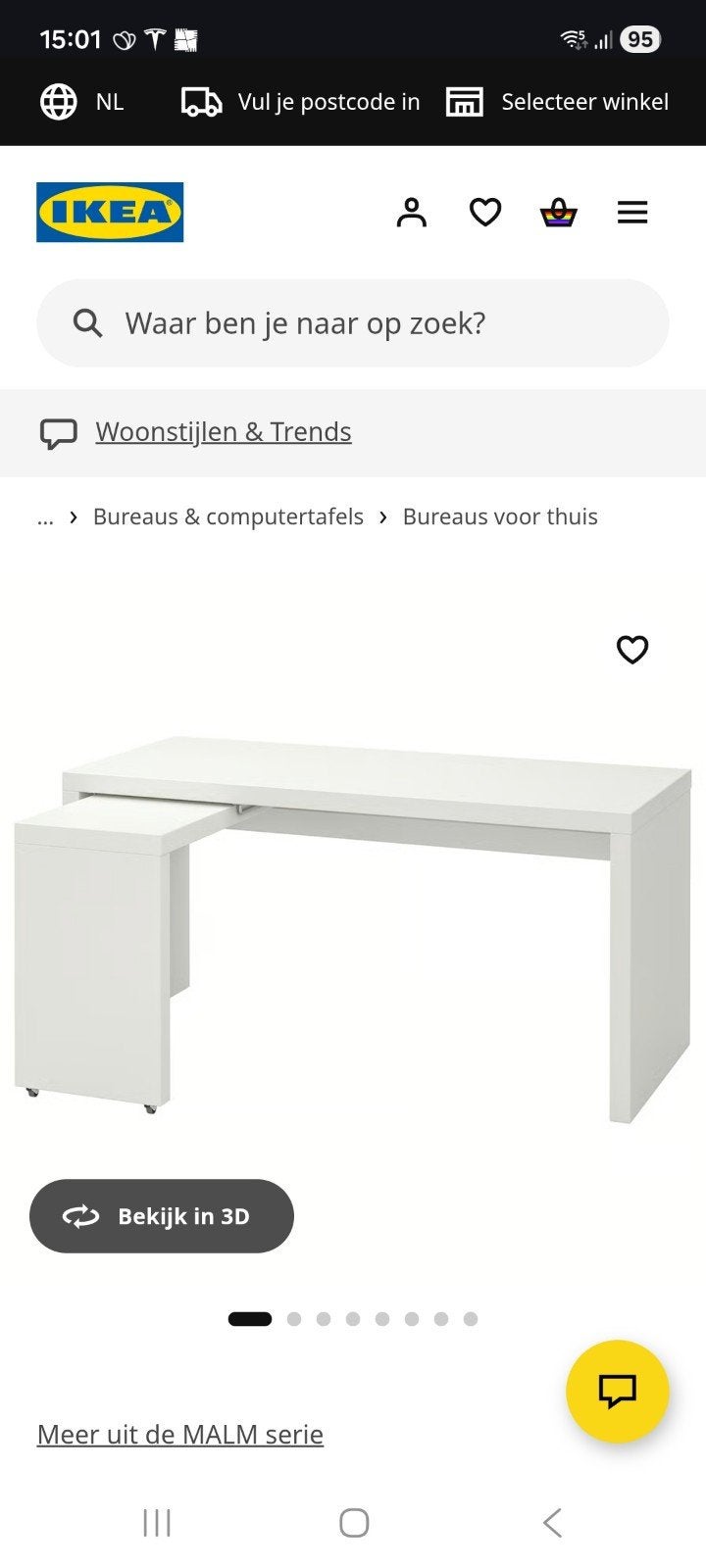 IKEA MALM Bureau met uitschuifbaar blad, wit, Huis en Inrichting, Bureaus, Ophalen, Opbergruimte, Gebruikt, 65 cm