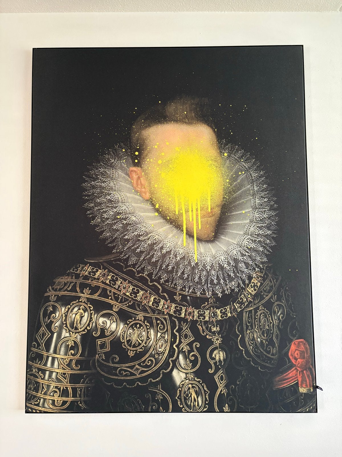 Modern kunstwerk: Portret met gele verfspatten van Muso, Ophalen, Print, Overige materialen, Op houten frame