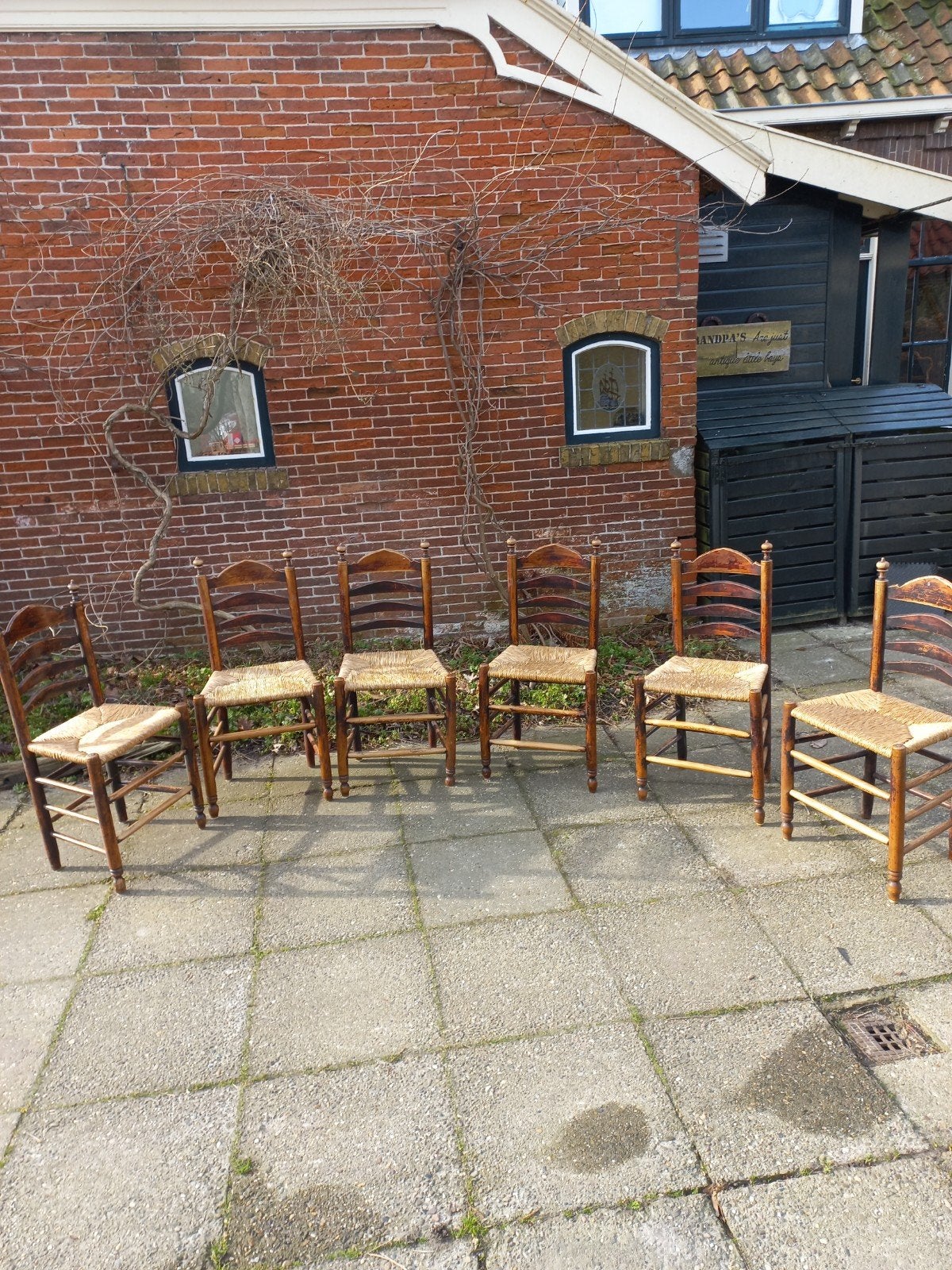 6 Antieke Hollandse knopstoeltjes met biezen zitting, Antiek en Kunst, Ophalen of Verzenden