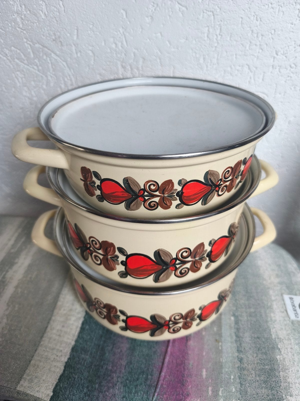 Vintage Brabantia emaille pannen 'Diane' jaren 70, Gebruikt, Pannenset, Ophalen of Verzenden, Met deksel