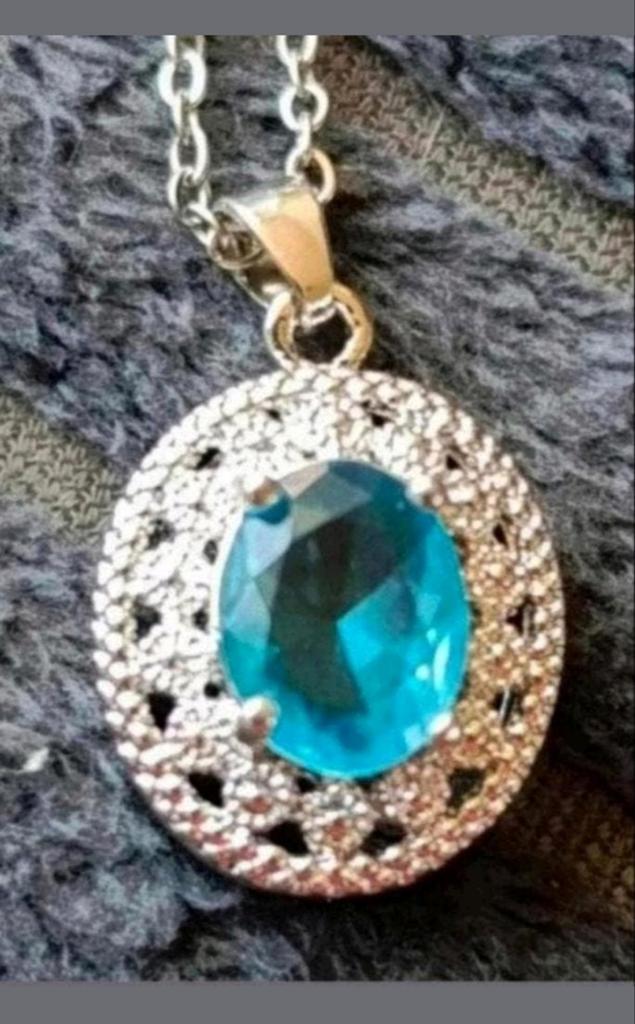 Ketting aquamarijn steen, Verzenden, Nieuw, Zilver, Met hanger