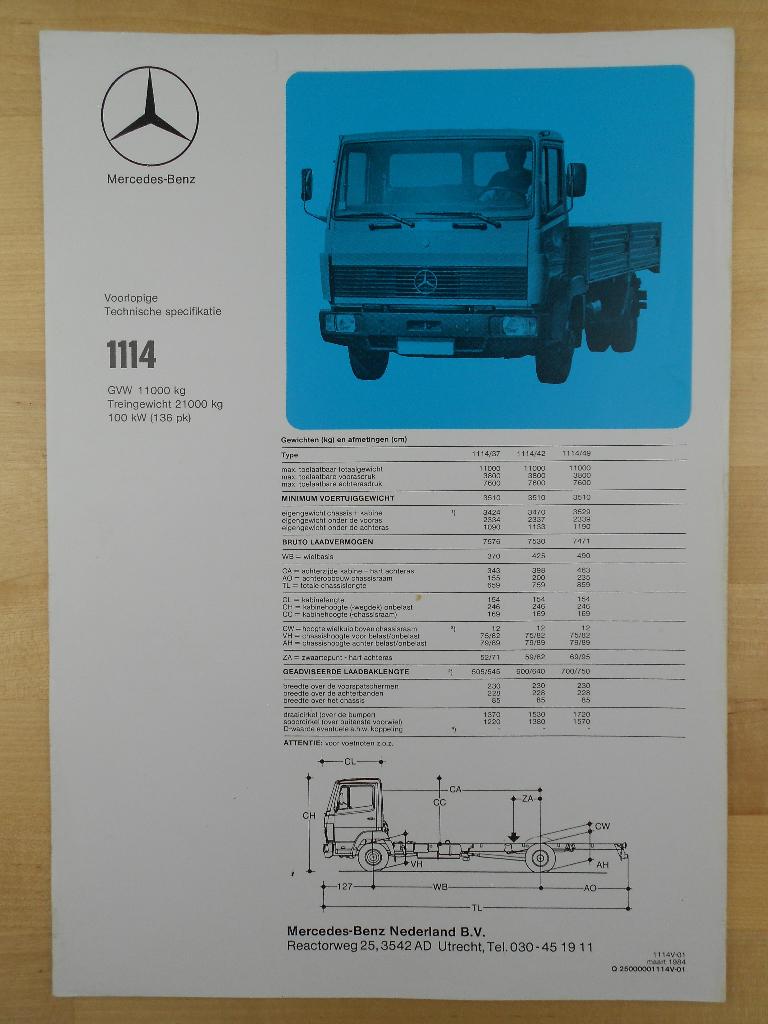 Mercedes 1114 Technische Specificatie folder 1984, Zo goed als nieuw, Mercedes-Benz, Mercedes, Ophalen of Verzenden