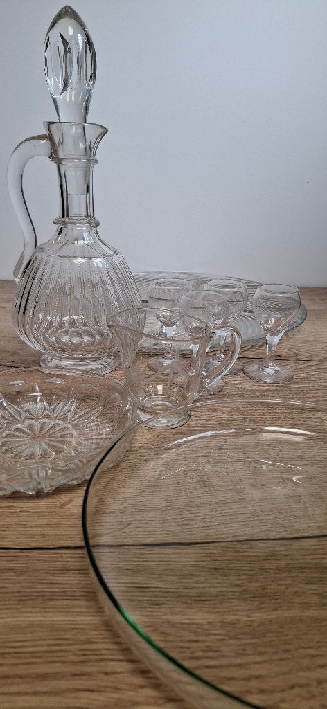 Vintage Glazen Servies Set - Karaf, Glaasjes & Schalen, Antiek en Kunst, Ophalen